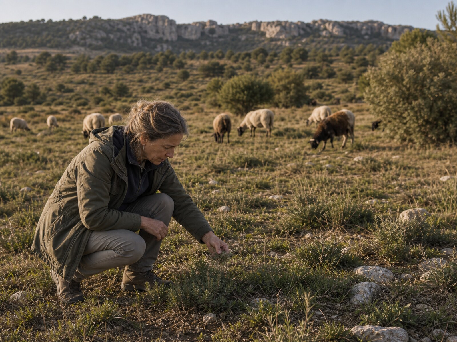 Field diagnosis in an extensive livestock pasture with close ecological observation and note-taking.