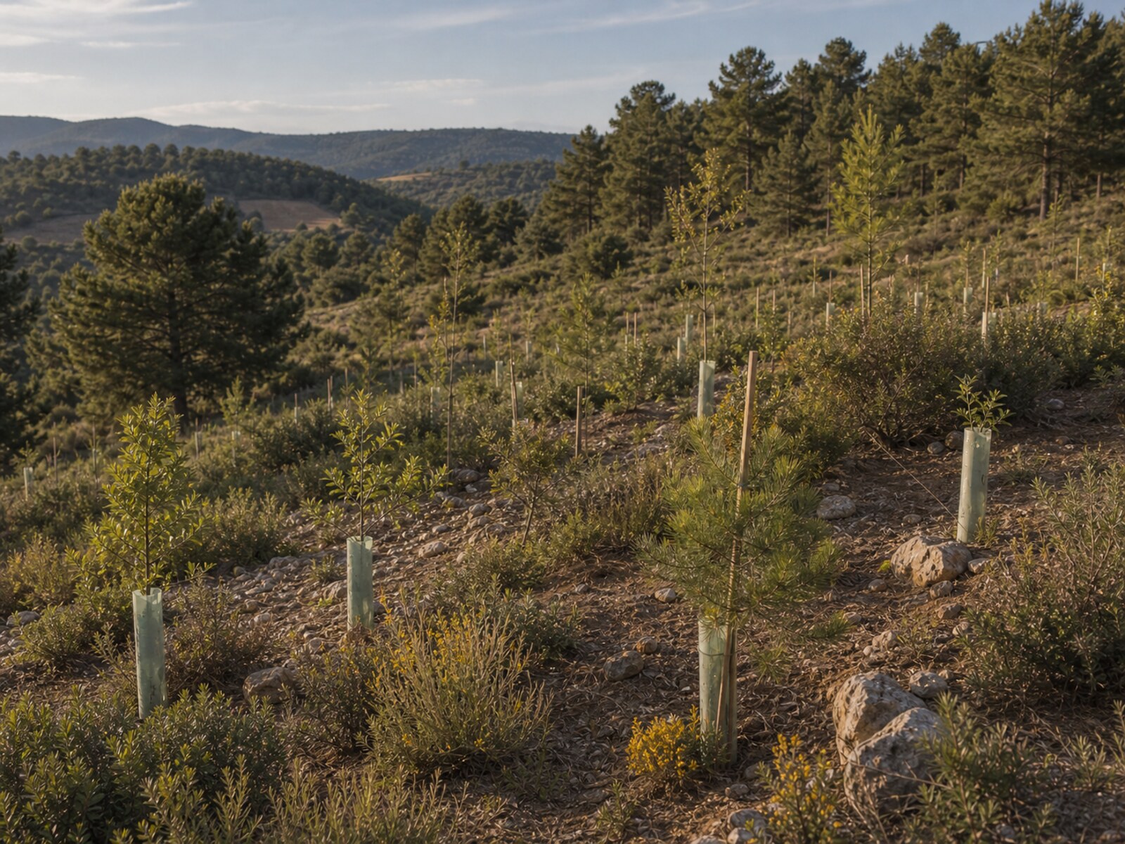 Mediterranean forest restoration site with planted saplings and visible regrowth.