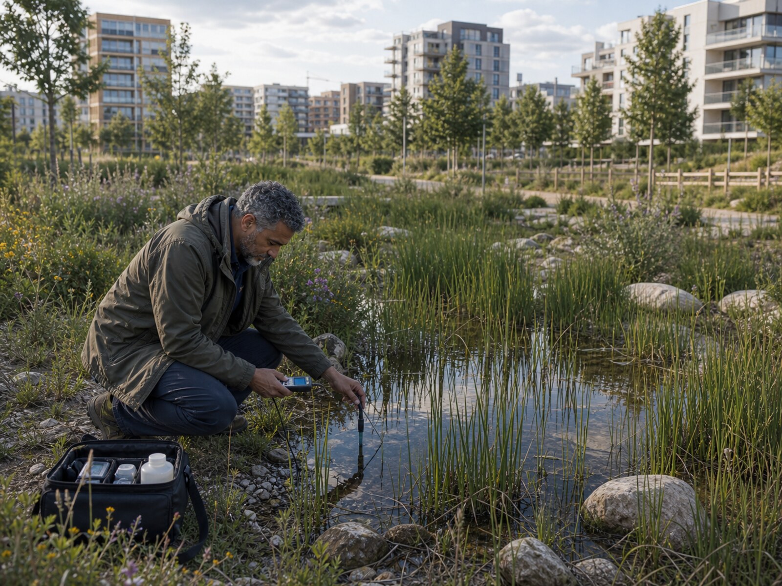 Technician using a monitoring tool in a peri-urban wetland or green infrastructure basin.