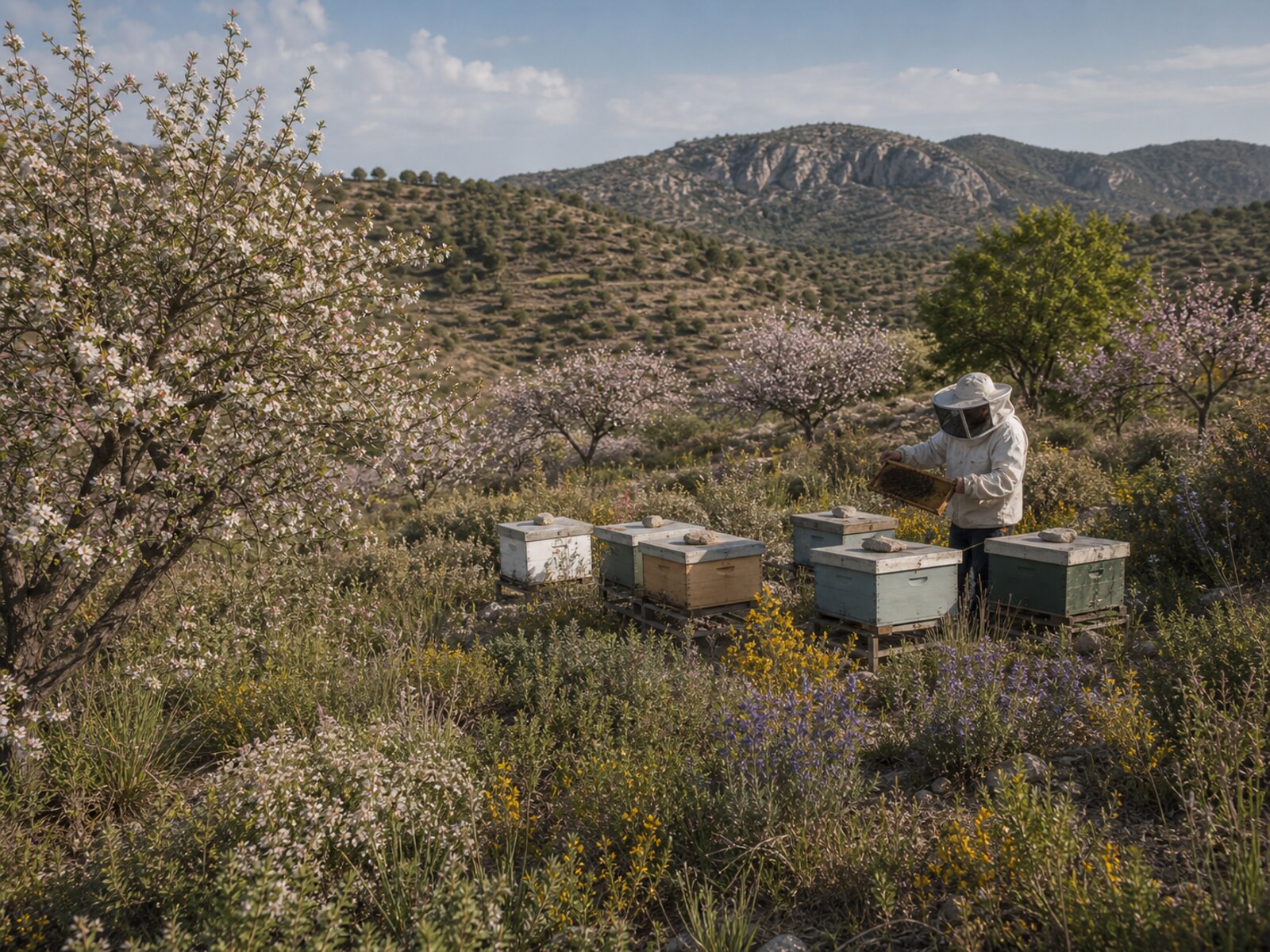 Spring pollination landscape with hives at the edge of flowering Mediterranean vegetation.